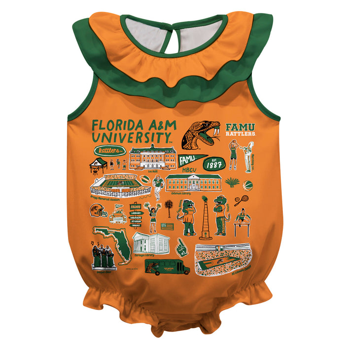 Florida A&M University Rattlers  Orange Hand Sketched Vive La Fete Impressions Artwork Sleeveless Ruffle Onesie Bodysuit