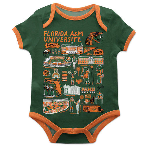 Florida A&M University Rattlers Hand Sketched Vive La Fete Impressions Artwork Infant Green Short Sleeve Onesie Bodysuit