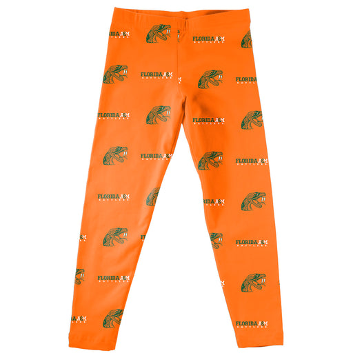 Florida A&M Rattlers Vive La Fete Girls Game Day All Over Two Logos Elastic Waist Classic Play Orange Leggings Tights