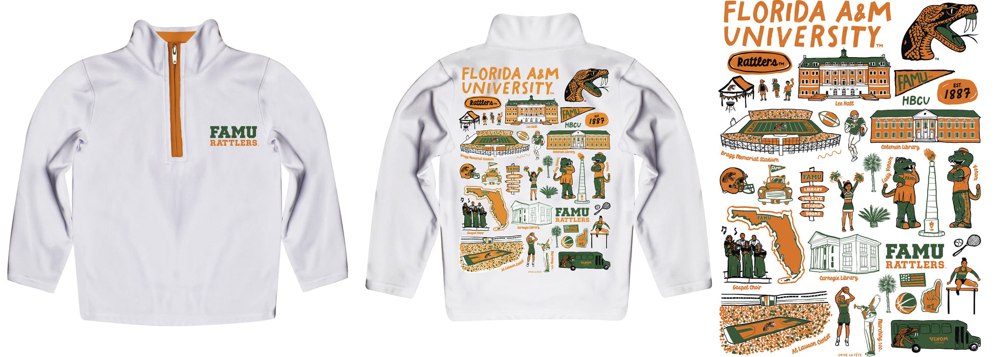 Florida A&M University Rattlers Hand Sketched Vive La Fete Impressions Artwork White Boys Quarter Zip Pullover V1 - Vive La Fête - Online Apparel Store