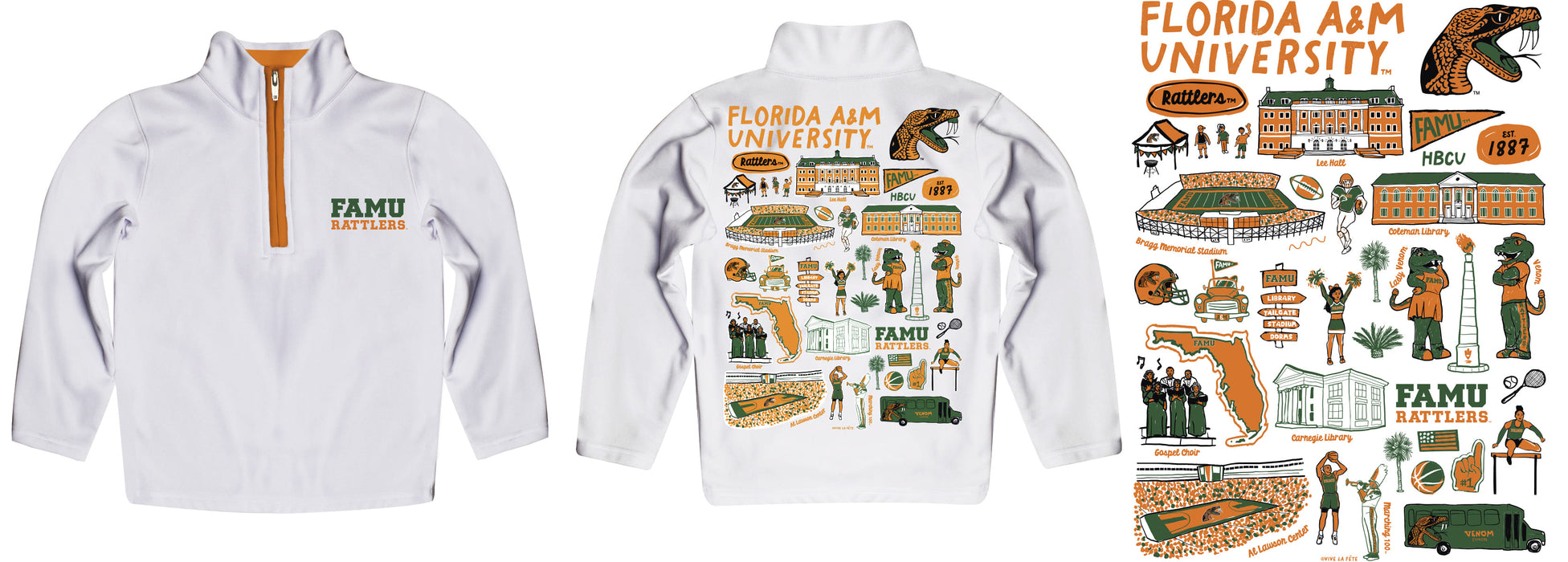 Florida A&M University Rattlers Hand Sketched Vive La Fete Impressions Artwork White Boys Quarter Zip Pullover V1 - Vive La Fête - Online Apparel Store