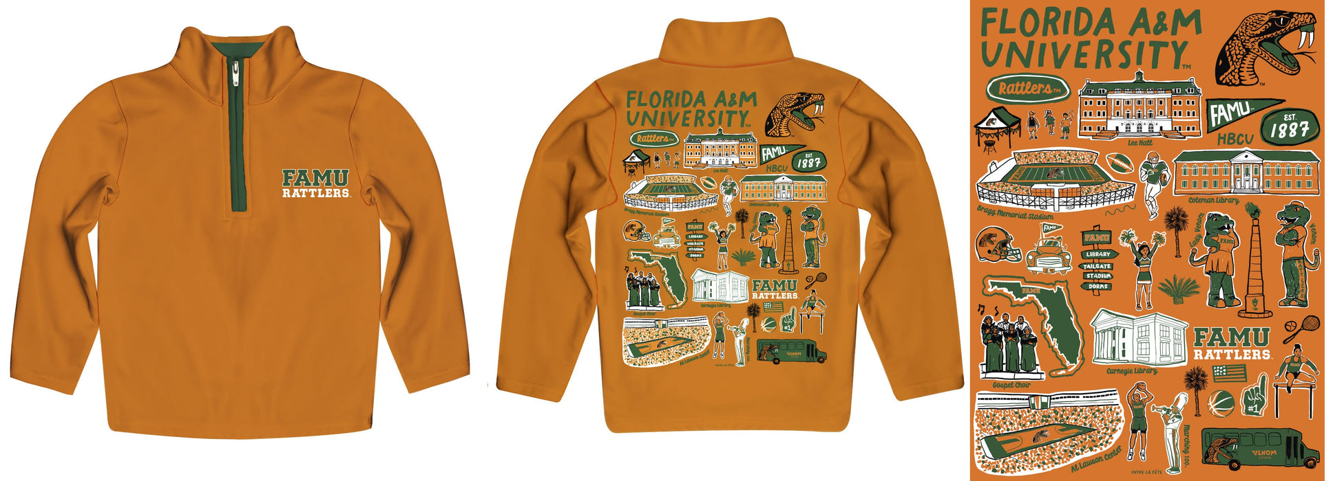 Florida A&M University Rattlers Hand Sketched Vive La Fete Impressions Artwork Orange Boy Quarter Zip Pullover V1 - Vive La Fête - Online Apparel Store