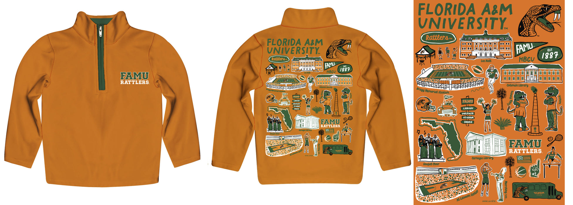 Florida A&M University Rattlers Hand Sketched Vive La Fete Impressions Artwork Orange Boy Quarter Zip Pullover V1 - Vive La Fête - Online Apparel Store