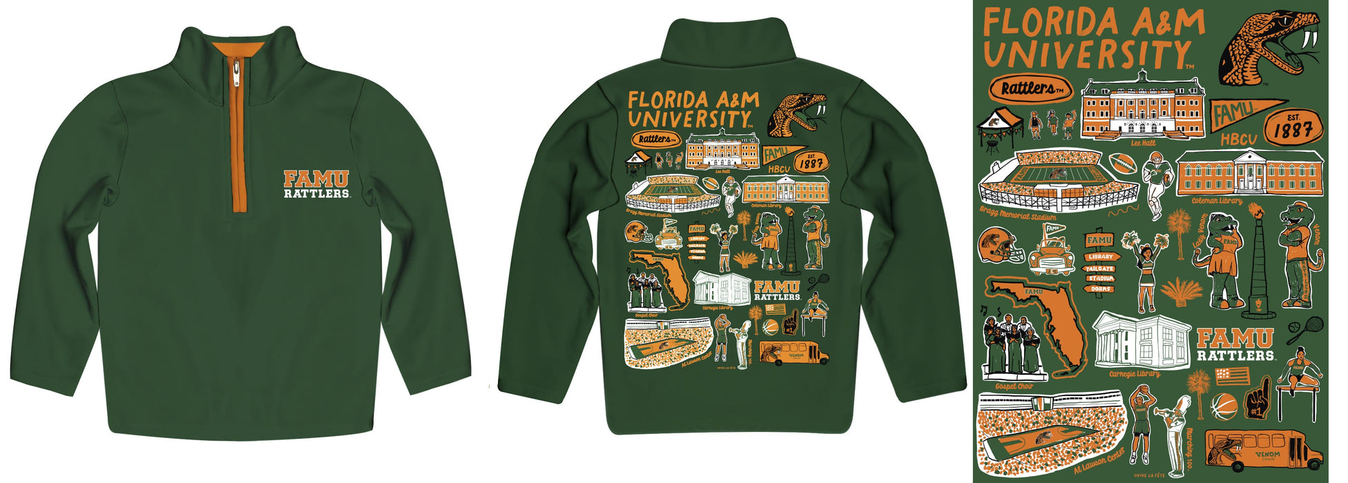 Florida A&M University Rattlers Hand Sketched Vive La Fete Impressions Artwork Green Boys Quarter Zip Pullover V1 - Vive La Fête - Online Apparel Store