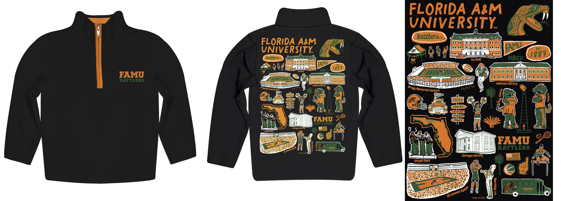Florida A&M University Rattlers Hand Sketched Vive La Fete Impressions Artwork Black Boys Quarter Zip Pullover V1 - Vive La Fête - Online Apparel Store