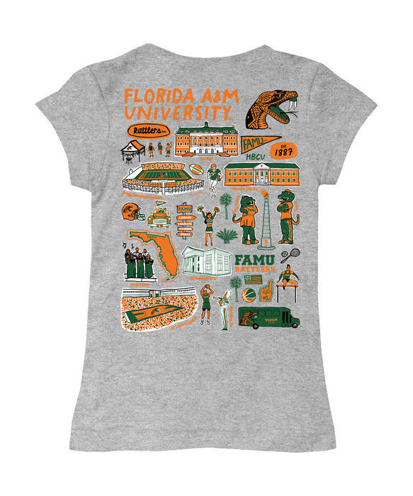 Florida A&M University Rattlers Hand Sketched Vive La Fete Impressions Artwork Grey Girls Cotton Short Sleeve Tee - Vive La Fête - Online Apparel Store