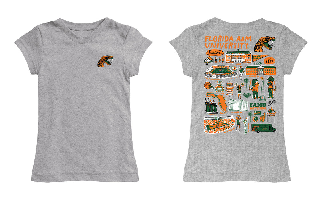 Florida A&M University Rattlers Hand Sketched Vive La Fete Impressions Artwork Grey Girls Cotton Short Sleeve Tee - Vive La Fête - Online Apparel Store