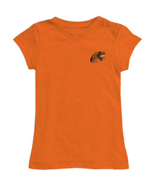 Florida A&M University Rattlers Hand Sketched Vive La Fete Impressions Artwork Orange Girls Cotton Short Sleeve Tee