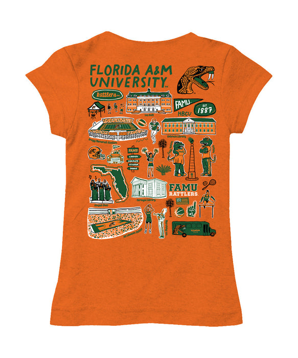 Florida A&M University Rattlers Hand Sketched Vive La Fete Impressions Artwork Orange Girls Cotton Short Sleeve Tee - Vive La Fête - Online Apparel Store