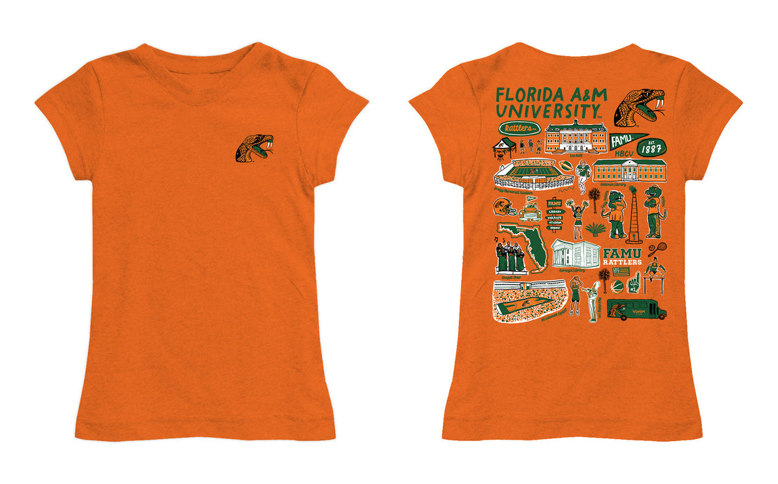 Florida A&M University Rattlers Hand Sketched Vive La Fete Impressions Artwork Orange Girls Cotton Short Sleeve Tee - Vive La Fête - Online Apparel Store