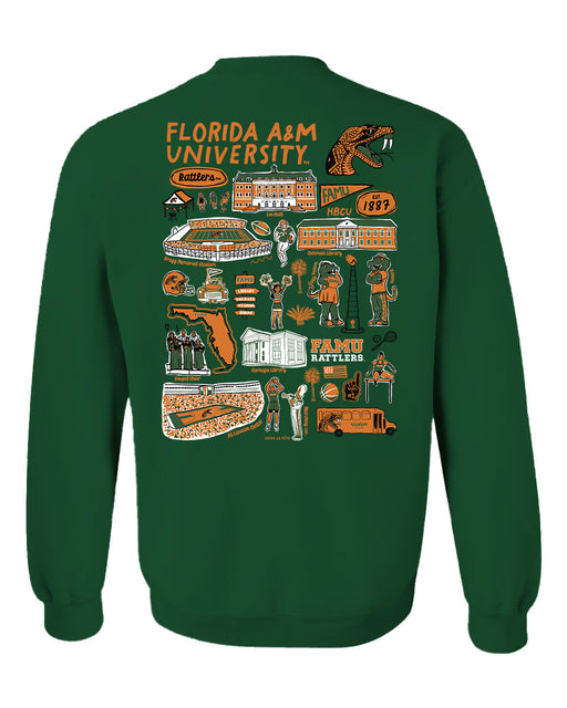 Florida A&M University Rattlers Hand Sketched Artwork Green Crewneck Sweatshirt for Women - Vive La Fête - Online Apparel Store