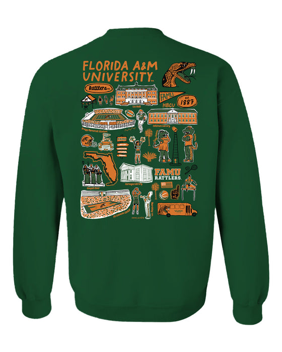 Florida A&M University Rattlers Hand Sketched Artwork Green Crewneck Sweatshirt for Women - Vive La Fête - Online Apparel Store