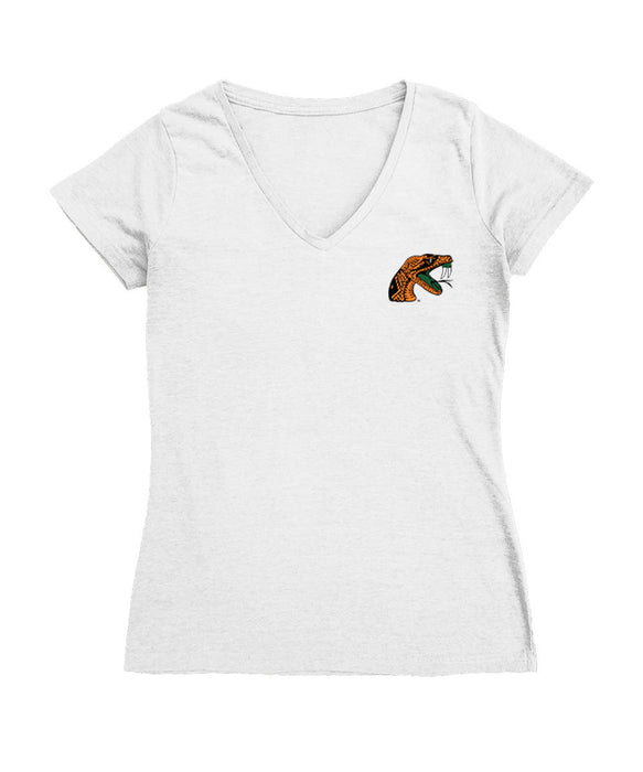 Florida A&M Rattlers Hand Sketched Vive La Fete Impressions Artwork White Women Cotton Short Sleeve V-Neck Tshirt