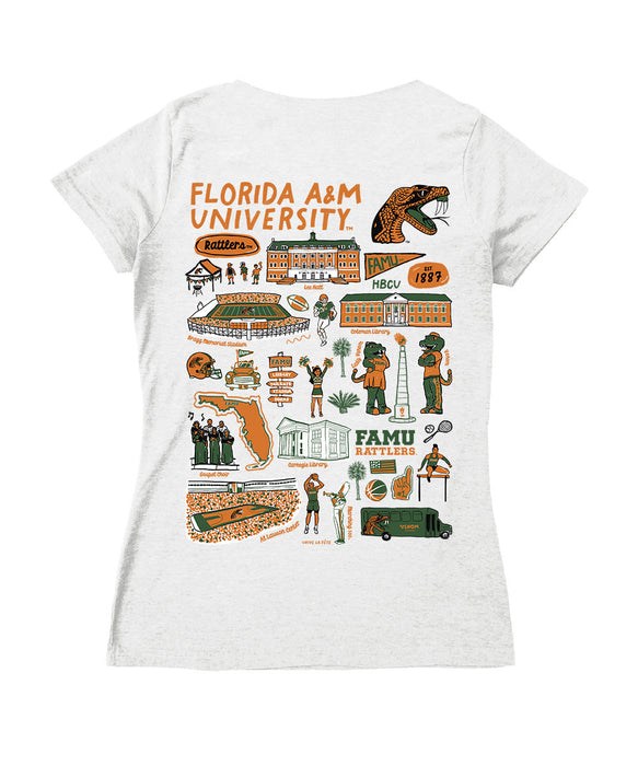 Florida A&M Rattlers Hand Sketched Vive La Fete Impressions Artwork Orange Women Cotton Short Sleeve V-Neck Tshirt