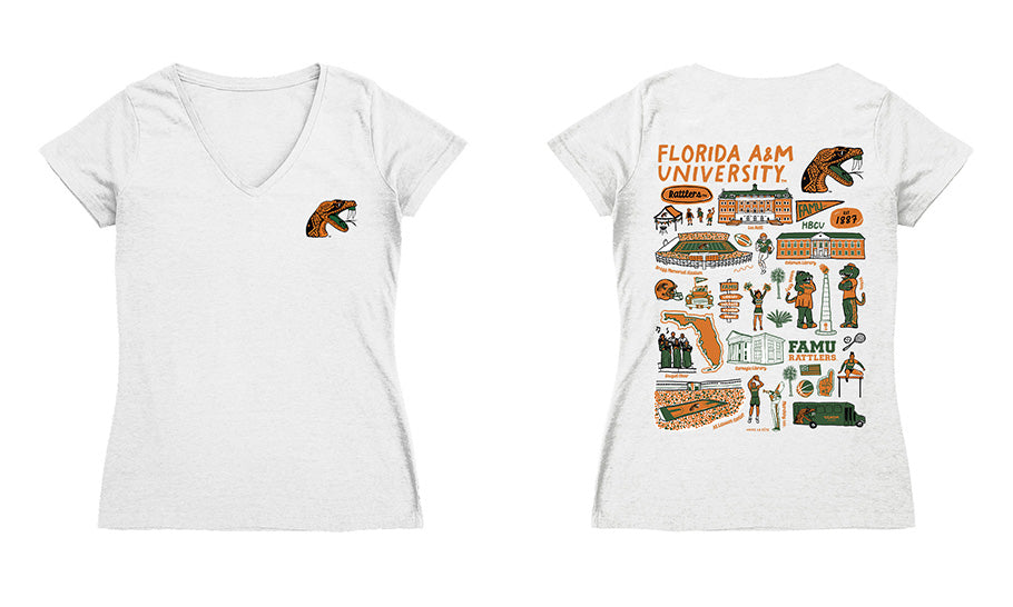Florida A&M Rattlers Hand Sketched Vive La Fete Impressions Artwork Orange Women Cotton Short Sleeve V-Neck Tshirt