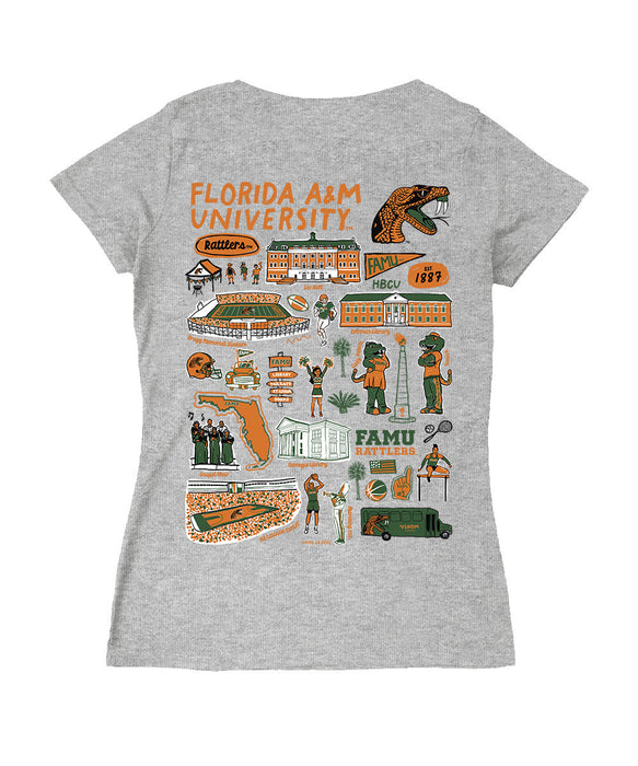Florida A&M Rattlers Hand Sketched Vive La Fete Impressions Artwork Orange Women Cotton Short Sleeve V-Neck Tshirt