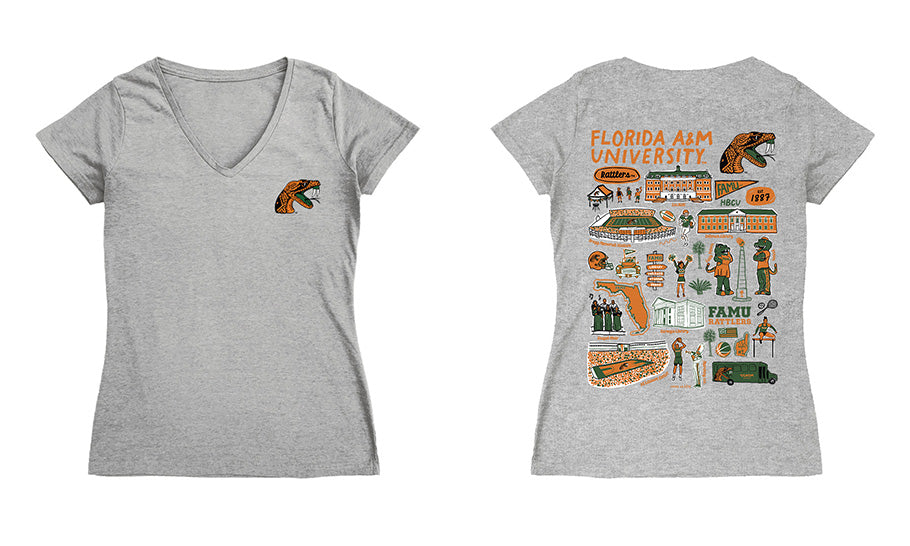 Florida A&M Rattlers Hand Sketched Vive La Fete Impressions Artwork Orange Women Cotton Short Sleeve V-Neck Tshirt