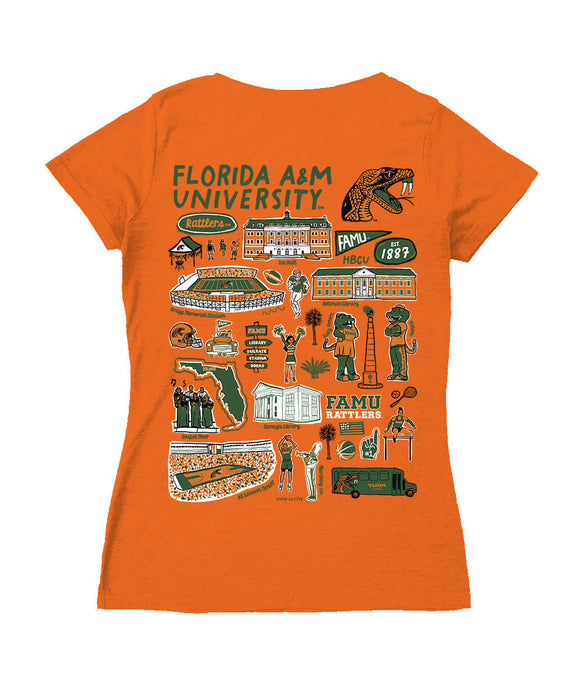 Florida A&M Rattlers Hand Sketched Vive La Fete Impressions Artwork Orange Women Cotton Short Sleeve V-Neck Tshirt