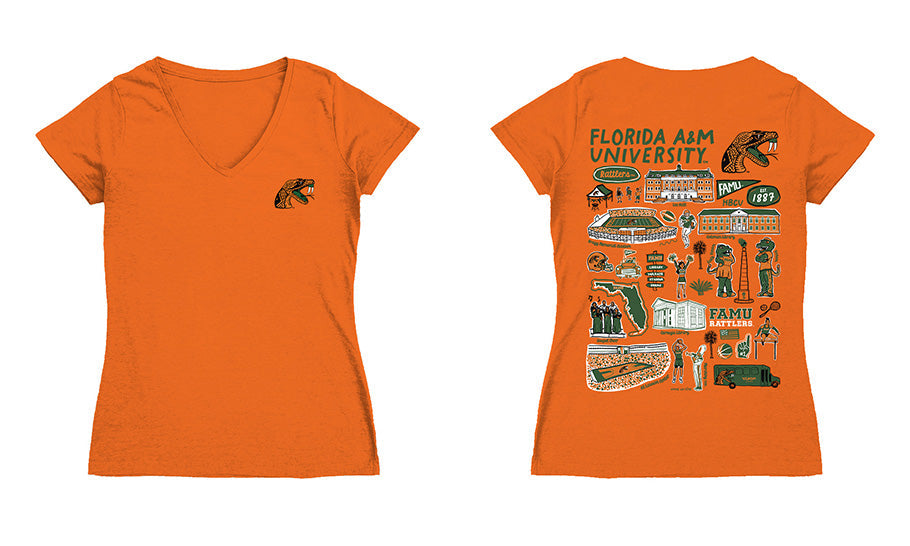 Florida A&M Rattlers Hand Sketched Vive La Fete Impressions Artwork Orange Women Cotton Short Sleeve V-Neck Tshirt