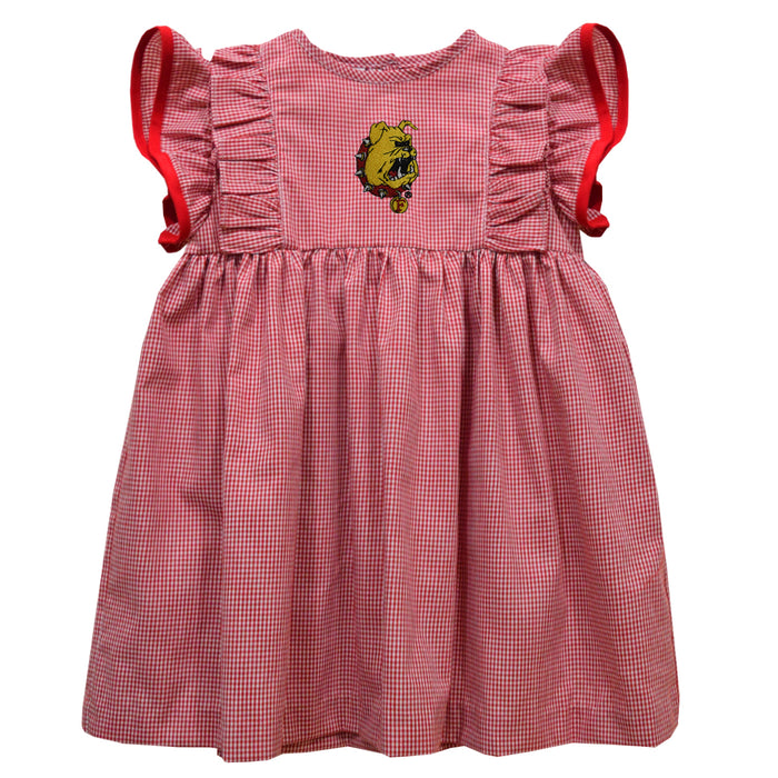 Ferris State Bulldogs Embroidered Cardinal Red Gingham Ruffle Dress