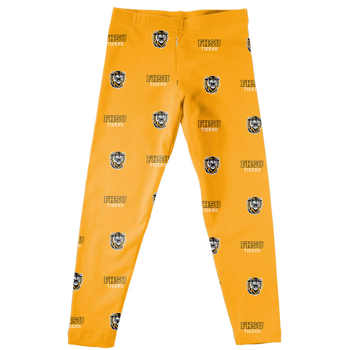 Fort Hays State Tigers Vive La Fete Girls Game Day All Over Two Logos Elastic Waist Classic Play Gold Leggings Tights