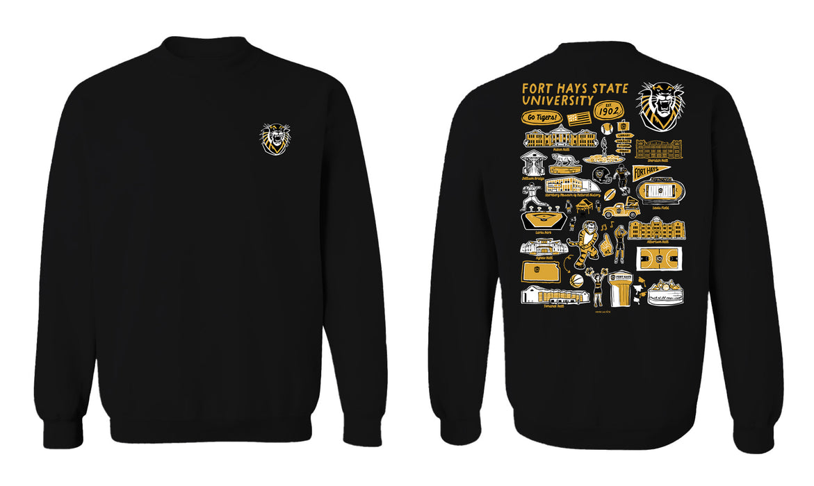 Fort Hays State University Tigers FHSU Hand Sketched Vive La Fete Impressions Artwork Black Crew Neck Sweatshirt for Wom - Vive La Fête - Online Apparel Store