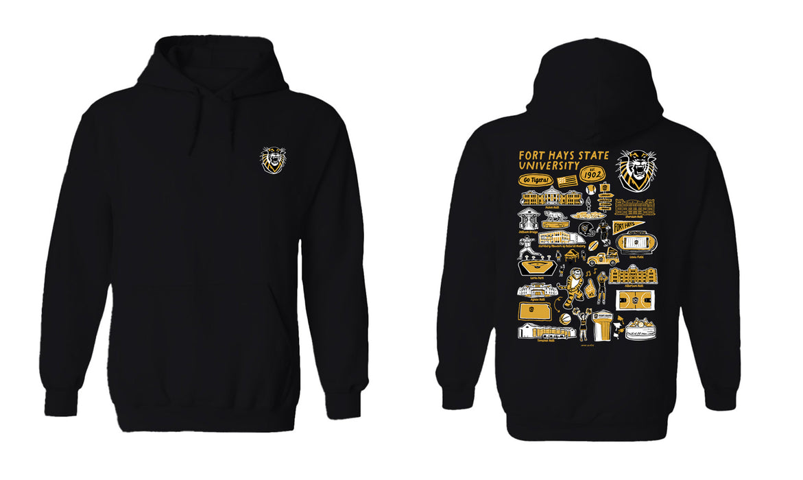 FHSU Tigers Hand Sketched Vive La Fete Impressions Artwork Black Cotton Fleece Long Sleeve Hoodie - Vive La Fête - Online Apparel Store