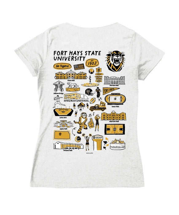 FHSU Tigers Hand Sketched Vive La Fete Impressions Artwork Black Women Cotton Short Sleeve V-Neck Tshirt