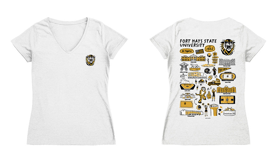 FHSU Tigers Hand Sketched Vive La Fete Impressions Artwork Black Women Cotton Short Sleeve V-Neck Tshirt