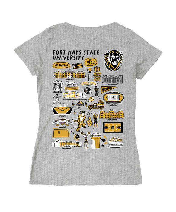 FHSU Tigers Hand Sketched Vive La Fete Impressions Artwork Black Women Cotton Short Sleeve V-Neck Tshirt