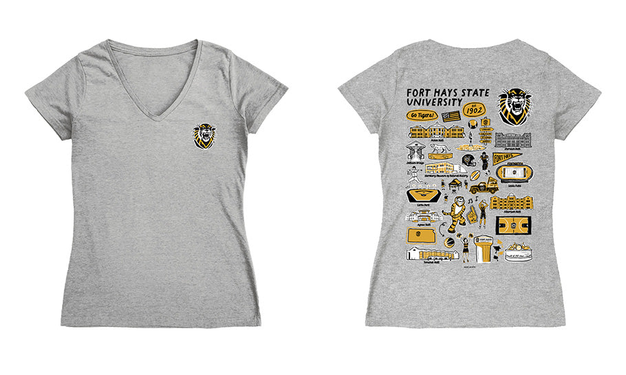 FHSU Tigers Hand Sketched Vive La Fete Impressions Artwork Black Women Cotton Short Sleeve V-Neck Tshirt