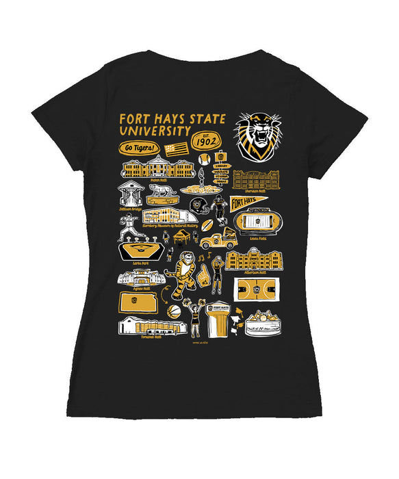 FHSU Tigers Hand Sketched Vive La Fete Impressions Artwork Black Women Cotton Short Sleeve V-Neck Tshirt