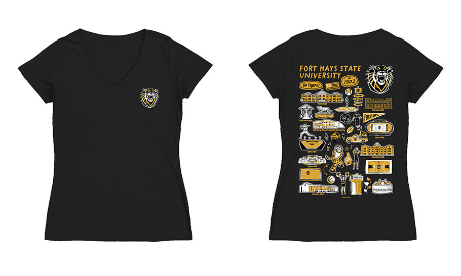 FHSU Tigers Hand Sketched Vive La Fete Impressions Artwork Black Women Cotton Short Sleeve V-Neck Tshirt