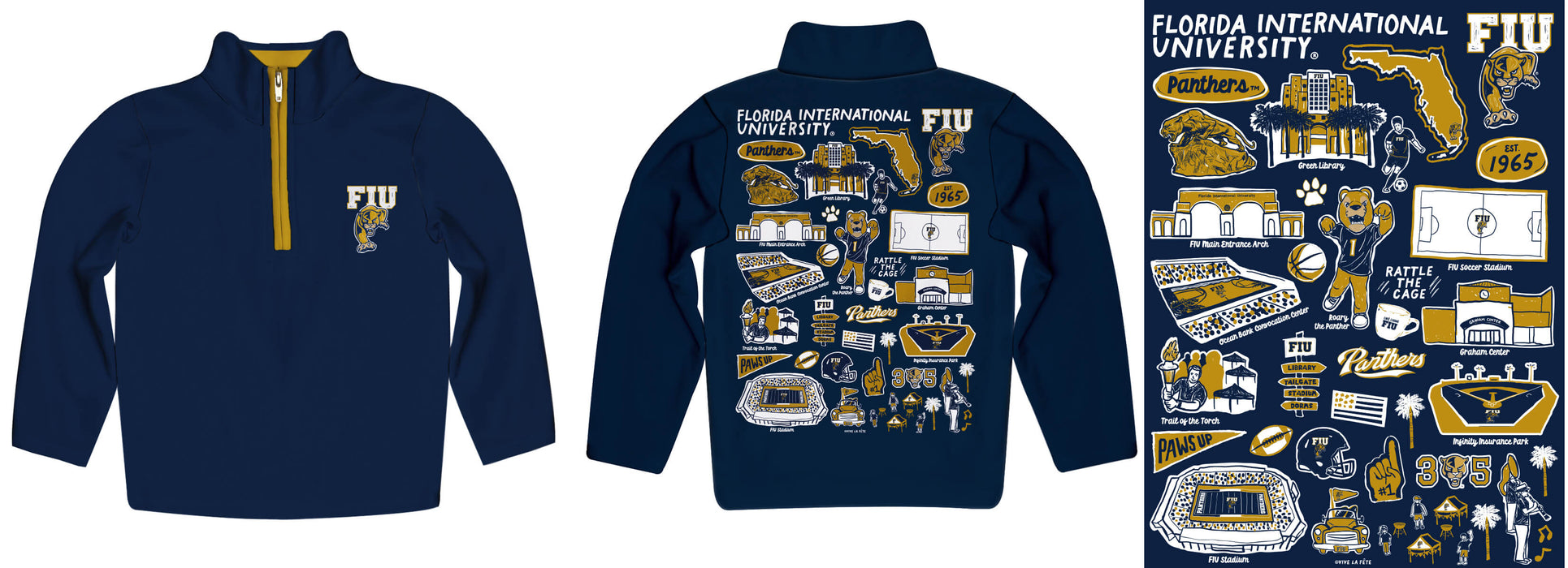 FIU Panthers  Hand Sketched Vive La Fete Impressions Artwork  Blue Boys Quarter Zip Pullover V1 - Vive La Fête - Online Apparel Store