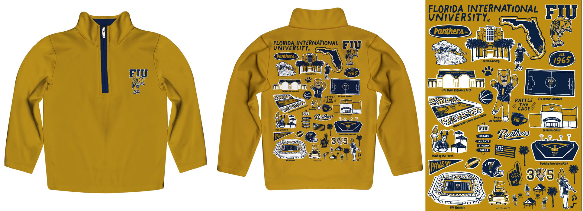 FIU Panthers  Hand Sketched Vive La Fete Impressions Artwork Gold Boys Quarter Zip Pullover V1 - Vive La Fête - Online Apparel Store