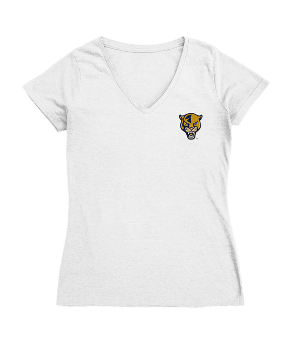 FIU Panthers Hand Sketched Vive La Fete Impressions Artwork White Women Cotton Short Sleeve V-Neck Tshirt