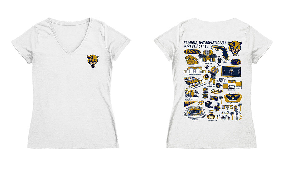 FIU Panthers Hand Sketched Vive La Fete Impressions Artwork Navy Women Cotton Short Sleeve V-Neck Tshirt