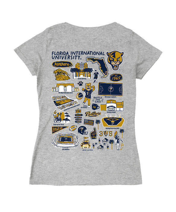 FIU Panthers Hand Sketched Vive La Fete Impressions Artwork Navy Women Cotton Short Sleeve V-Neck Tshirt