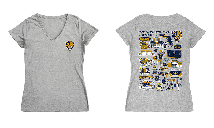 FIU Panthers Hand Sketched Vive La Fete Impressions Artwork Navy Women Cotton Short Sleeve V-Neck Tshirt