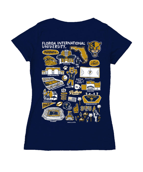 FIU Panthers Hand Sketched Vive La Fete Impressions Artwork Navy Women Cotton Short Sleeve V-Neck Tshirt