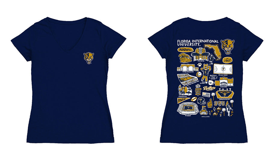 FIU Panthers Hand Sketched Vive La Fete Impressions Artwork Navy Women Cotton Short Sleeve V-Neck Tshirt