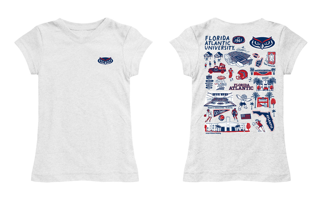Florida Atlantic Owls Hand Sketched Vive La Fete Impressions Artwork White Girls Cotton Short Sleeve Tee - Vive La Fête - Online Apparel Store