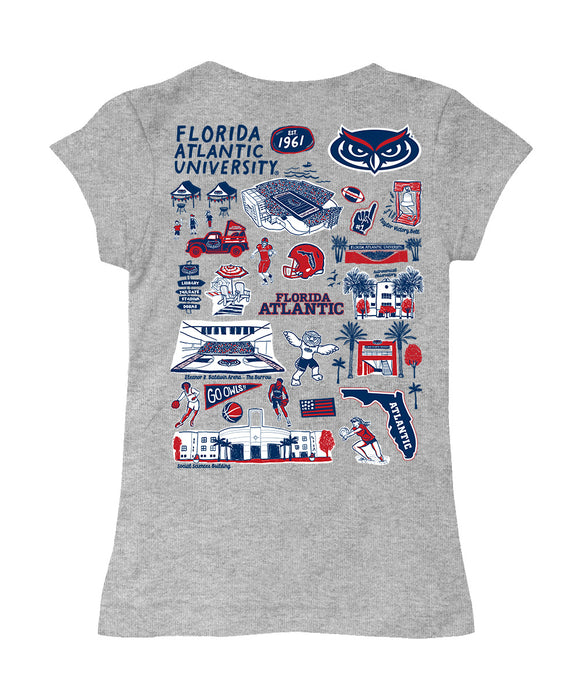 Florida Atlantic Owls Hand Sketched Vive La Fete Impressions Artwork Grey Girls Cotton Short Sleeve Tee - Vive La Fête - Online Apparel Store