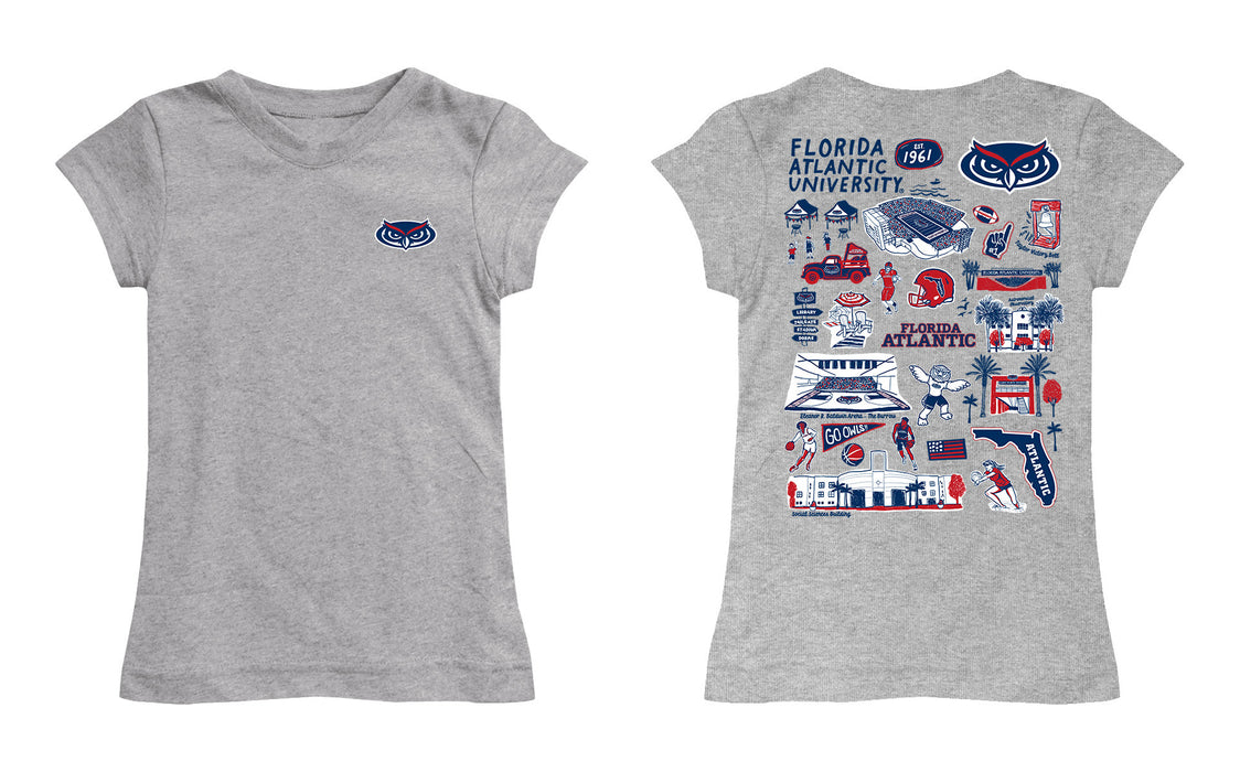 Florida Atlantic Owls Hand Sketched Vive La Fete Impressions Artwork Grey Girls Cotton Short Sleeve Tee - Vive La Fête - Online Apparel Store