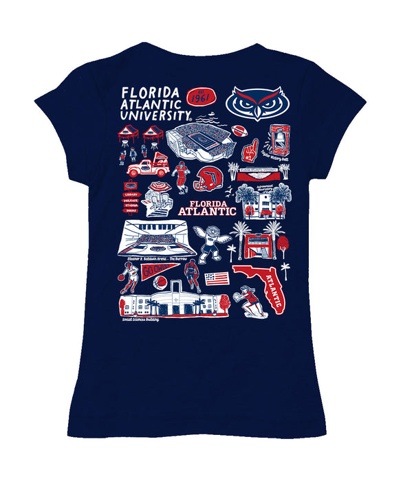 Florida Atlantic Owls Hand Sketched Vive La Fete Impressions Artwork Navy Girls Cotton Short Sleeve Tee - Vive La Fête - Online Apparel Store