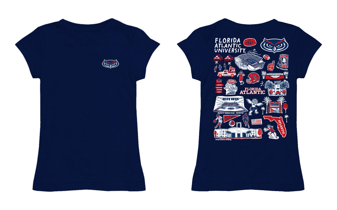 Florida Atlantic Owls Hand Sketched Vive La Fete Impressions Artwork Navy Girls Cotton Short Sleeve Tee - Vive La Fête - Online Apparel Store