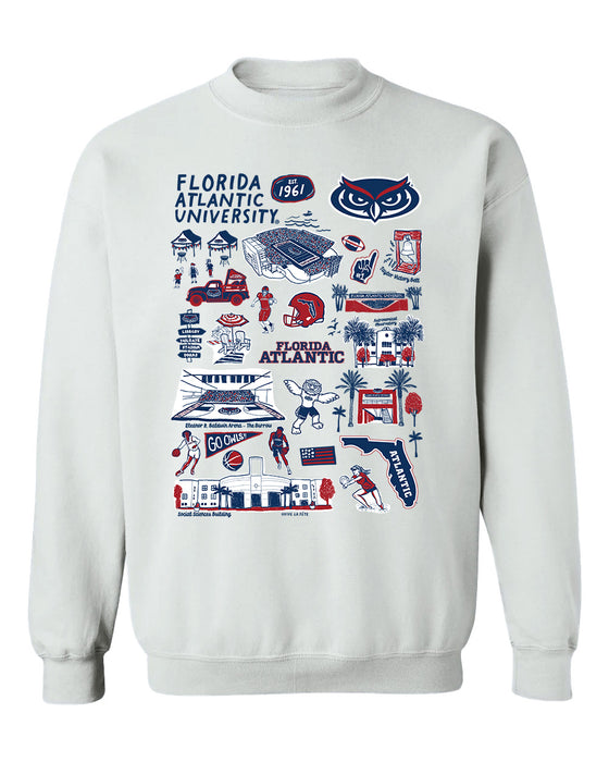 Florida Atlantic Owls Hand Sketched Vive La Fete Impressions White Cotton Crewneck Sweatshirt for Women