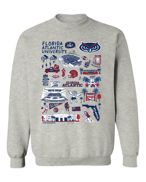 Florida Atlantic Owls Hand Sketched Vive La Fete Impressions Grey Cotton Crewneck Sweatshirt for Women