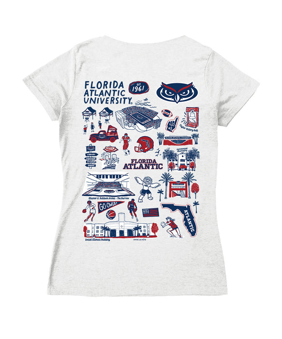 Florida Atlantic Owls Hand Sketched Vive La Fete Impressions Artwork Navy Women Cotton Short Sleeve V-Neck Tshirt