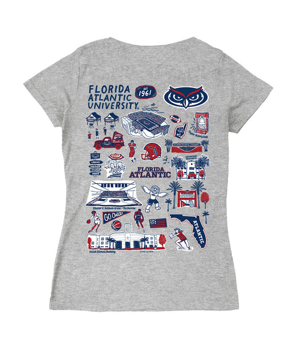 Florida Atlantic Owls Hand Sketched Vive La Fete Impressions Artwork Navy Women Cotton Short Sleeve V-Neck Tshirt